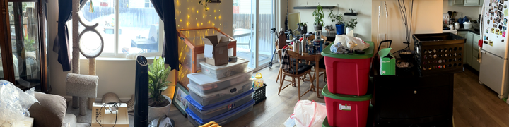 A living room and dining room crowded with stacked boxes, preparing to move.